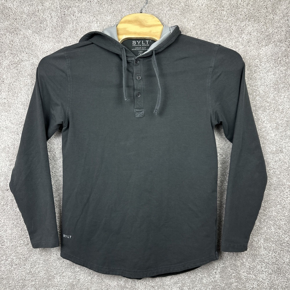 BYLT Hoodie Henley LUX Pullover Sweatshirt Men's Size M Gray Drop‎ Cut Hooded